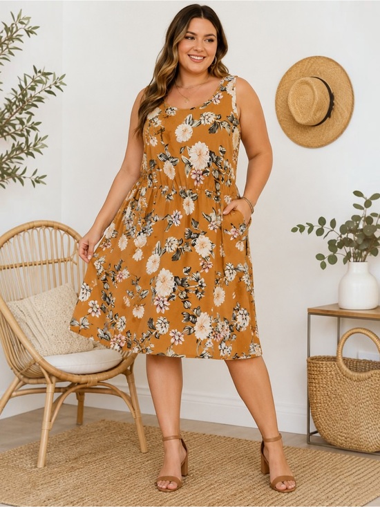 Grace Karin Dresses & Skirts - Grace Karin Floral Sleeveless Fit & Flare Midi Dress Mustard Gold Plus 1X 2X